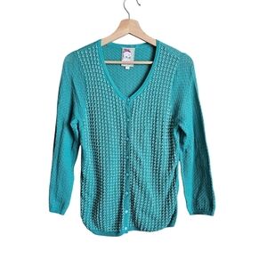 Yoana Baraschi teal Blue retro Beaded Green Crochet Cardigan Sweater Size XL